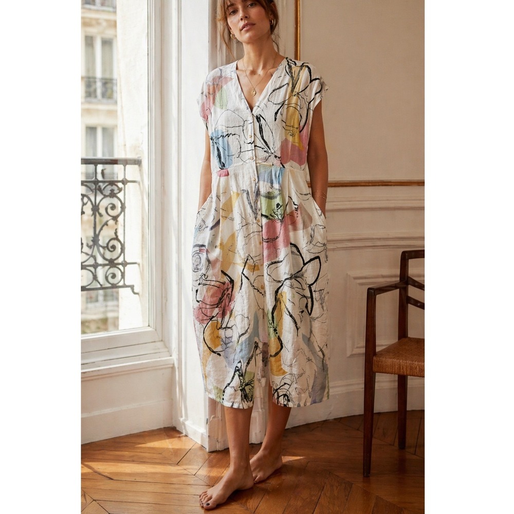 Poetry Linen Art Geometric Print Button Down Midi Dress Size 12.